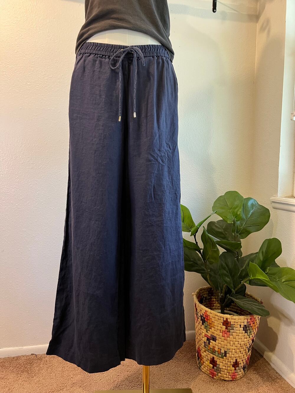Blue Soft Linen Mid Rise Drawstring Waist Wide Leg Pants Size 10 Michael Kors